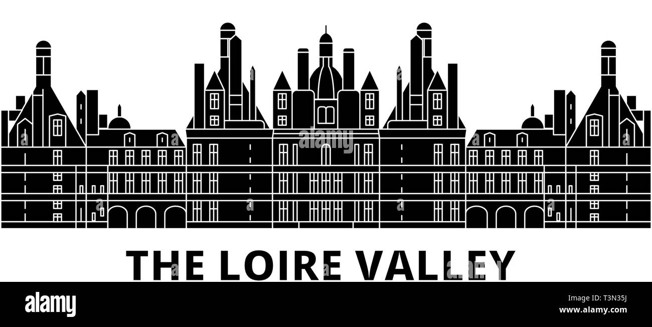 Francia, el Valle del Loira viajes plana skyline. Francia, el Valle del Loira negro ilustración vectorial, símbolo de la ciudad, lugares turísticos, monumentos. Ilustración del Vector