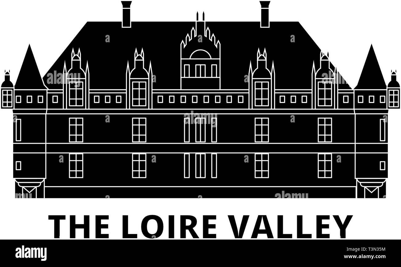 Francia, el Valle del Loira Landmark viajes plana skyline. Francia, el Valle del Loira Landmark negro ilustración vectorial, símbolo de la ciudad, lugares turísticos Ilustración del Vector