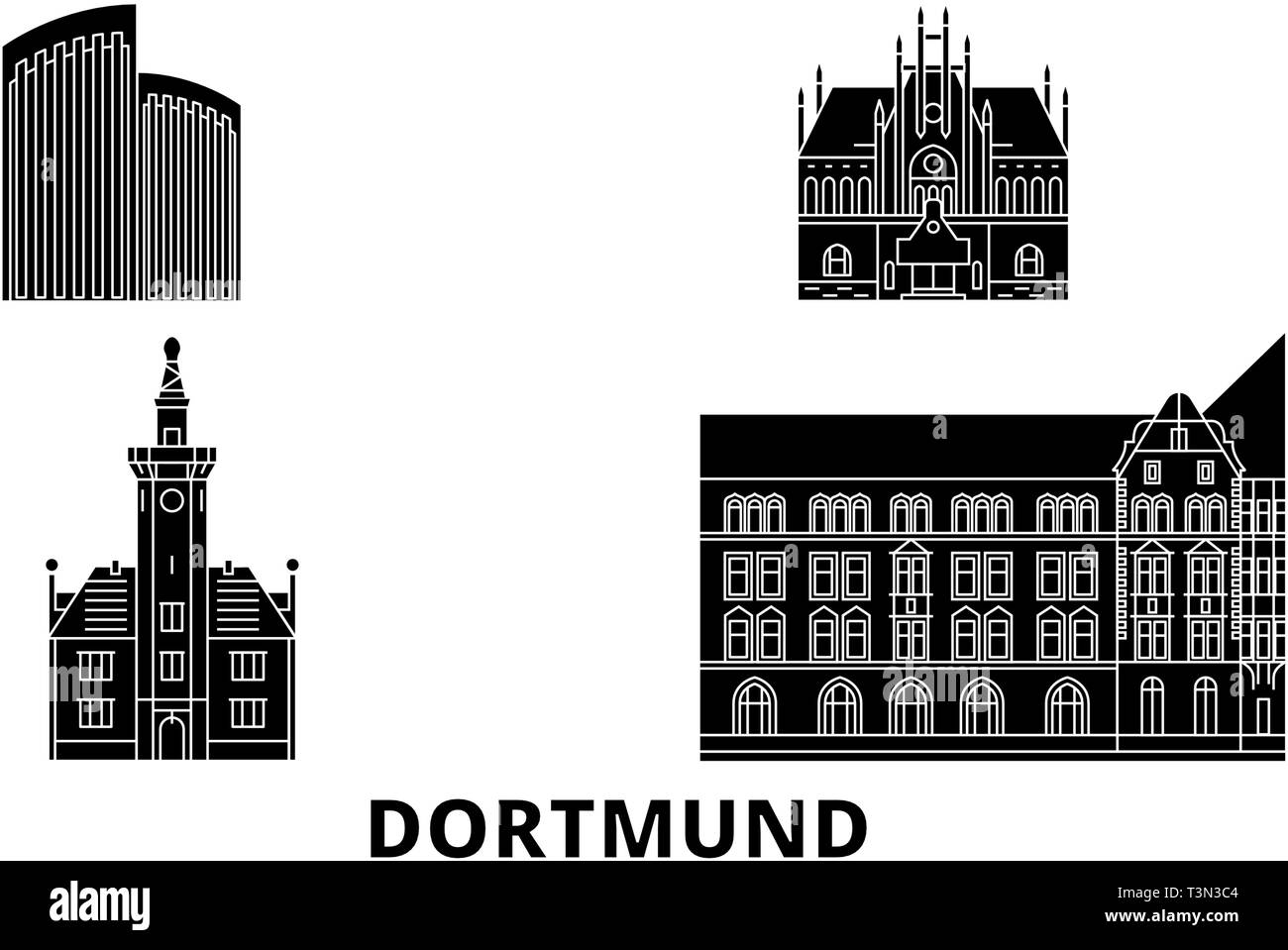 Alemania, Dortmund plano horizonte de viaje. Alemania, Dortmund negro ilustración vectorial, símbolo de la ciudad, lugares turísticos, monumentos. Ilustración del Vector