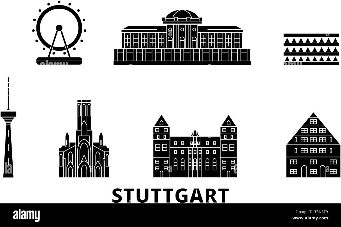 Alemania, Stuttgart plano horizonte de viaje. Alemania, Stuttgart negro ilustración vectorial, símbolo de la ciudad, lugares turísticos, monumentos. Ilustración del Vector
