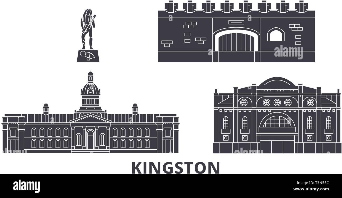 Jamaica, Kingston viajes plana skyline. Jamaica, Kingston negro ilustración vectorial, símbolo de la ciudad, lugares turísticos, monumentos. Ilustración del Vector