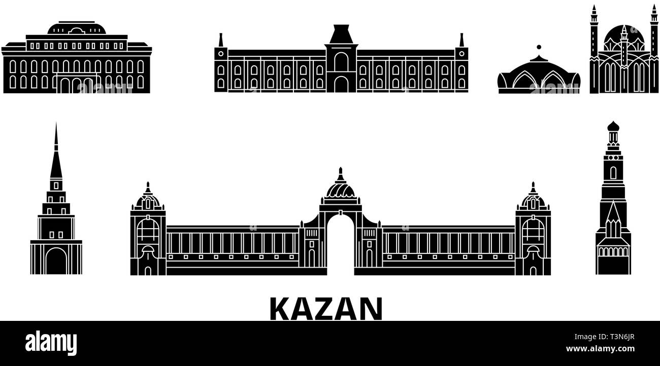 Rusia, Kazan plano horizonte de viaje. Rusia, Kazan negro ilustración vectorial, símbolo de la ciudad, lugares turísticos, monumentos. Ilustración del Vector