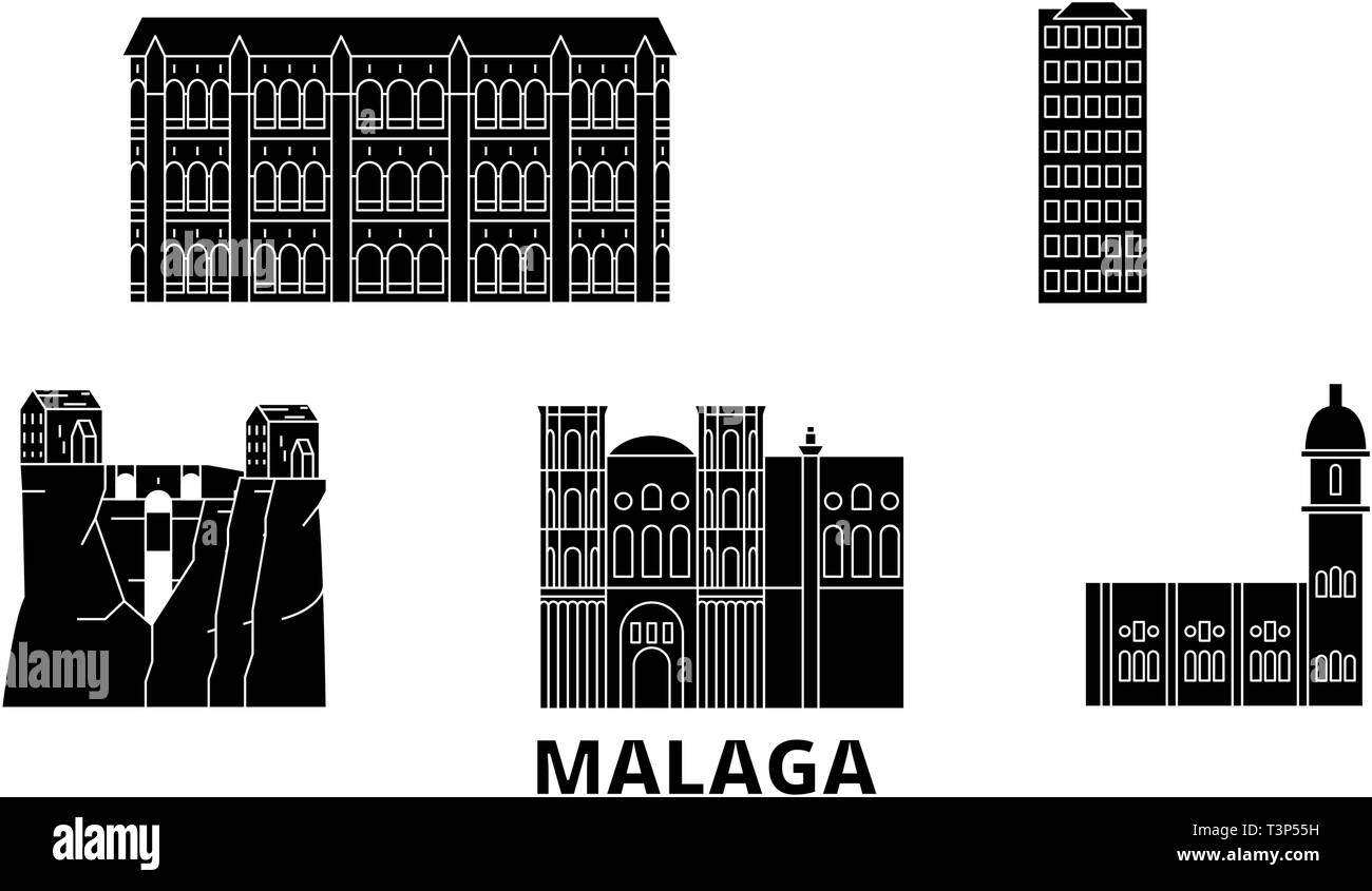 España, Málaga Horizonte viajes plana. Málaga ciudad negra ilustración vectorial, símbolo de viajes, lugares de interés, monumentos. Ilustración del Vector