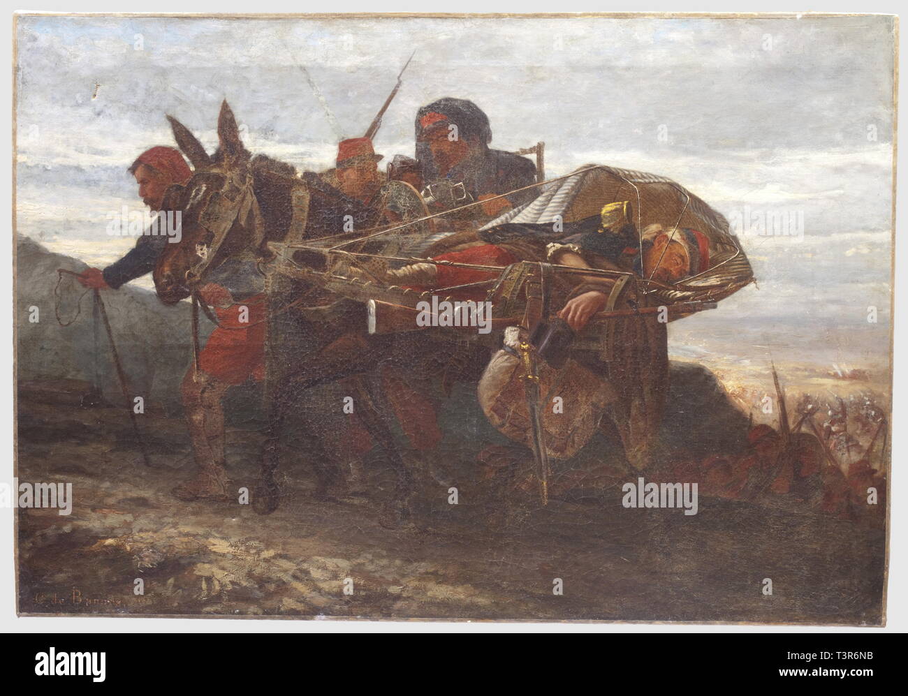 SECONDE REPUBLIQUE ET Segundo Imperio, 1848-1870 signée Huile sur toile du  peintre C. de Bannes, représentant une scène de combate en 1870. Au plan  premier, ONU zouave suivi d'un fantassin, conducto une