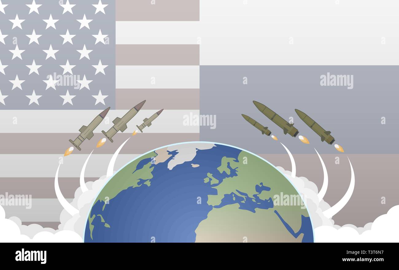 Ataque con cohetes de dos super países. La ilustración vectorial muestra las banderas y los misiles de los Estados Unidos y Rusia también al planeta Tierra. Ilustración del Vector