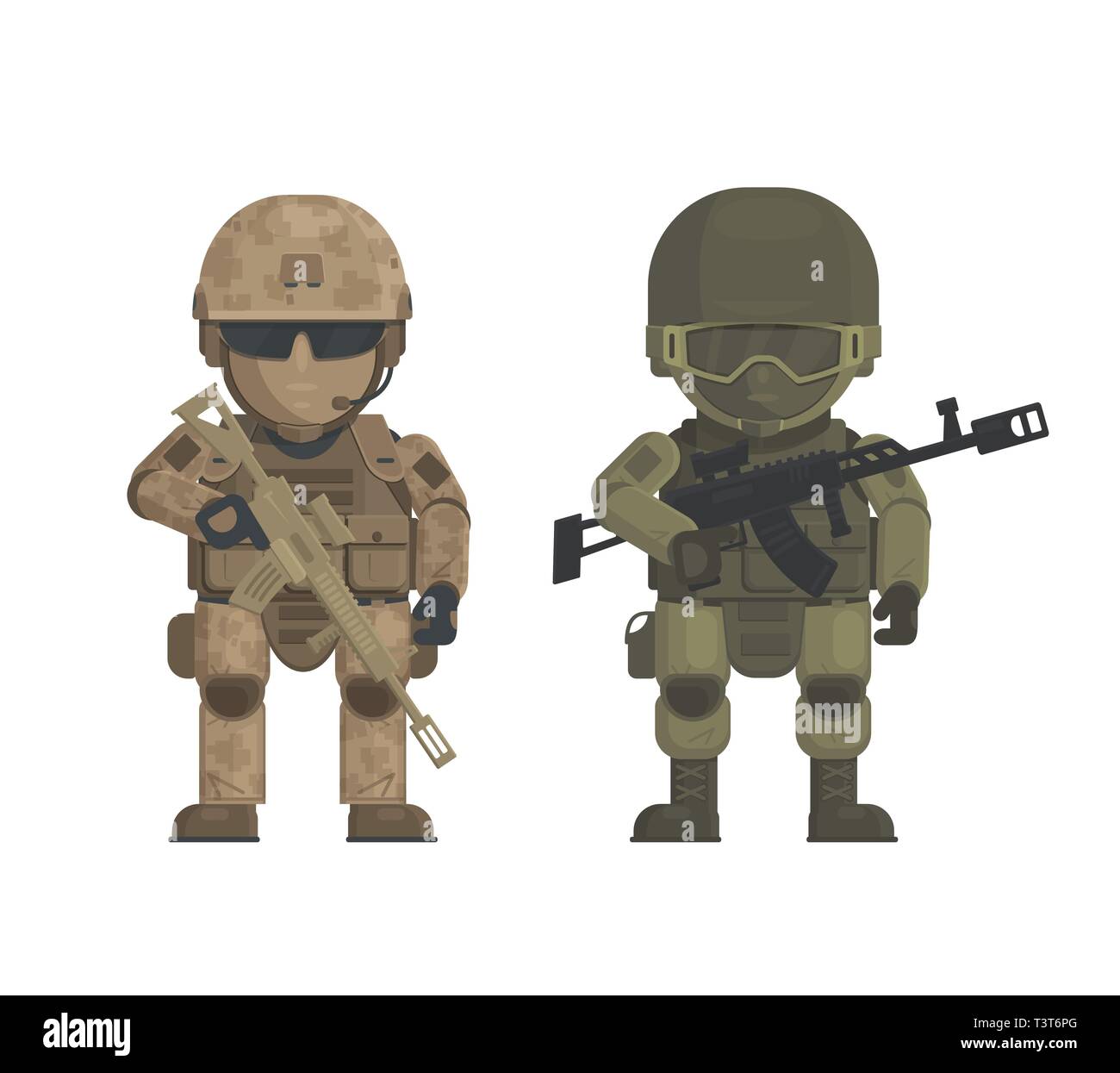 Dos soldados tienen diferentes uniformes militares, bosques y desiertos  coloración están sosteniendo un arma. Los soldados están aislados sobre un  fondo blanco Imagen Vector de stock - Alamy