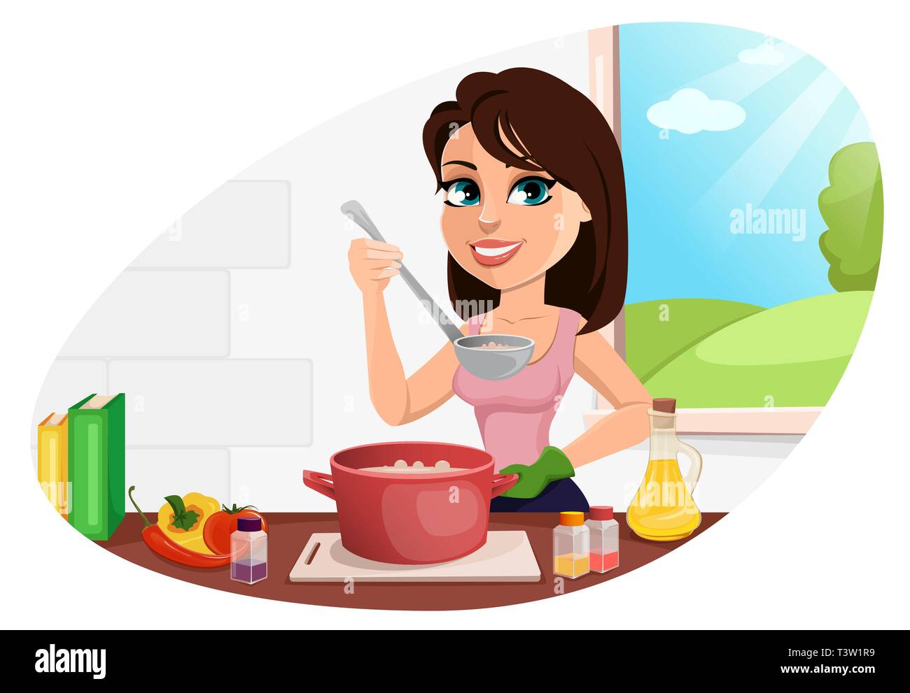 Bella mujer cocinando en su cocina. Cute lady personaje de dibujos animados  de preparar alimentos. Ilustración vectorial Imagen Vector de stock - Alamy