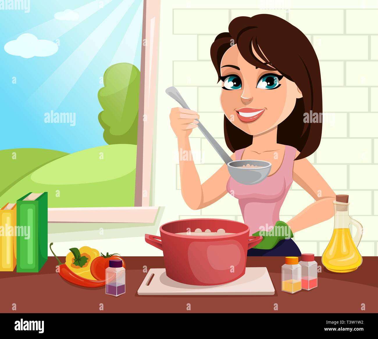 Bella mujer cocinando en su cocina. Cute lady personaje de dibujos animados.  Ilustración vectorial Imagen Vector de stock - Alamy