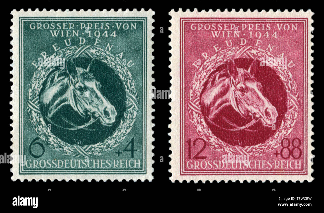 Conjunto de sello histórico alemán: Jefe de montaje. Grand Prix 1944 de Viena. Aislado sobre fondo negro, Germany-Austria, el Tercer Reich Foto de stock