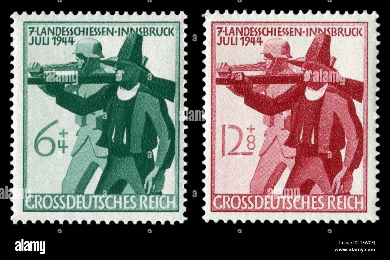 Conjunto de sello histórico alemán: 7a reunión de la fusilería del Tirol en Innsbruck. Tyrolean fusilero con Arabella y soldados con una ametralladora. Foto de stock