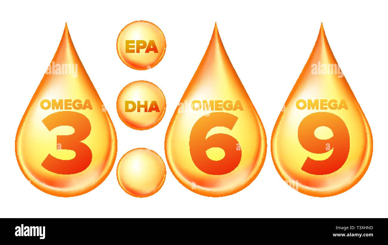 Los ácidos grasos Omega, EPA y DHA gotas Vector Set Imagen Vector de
