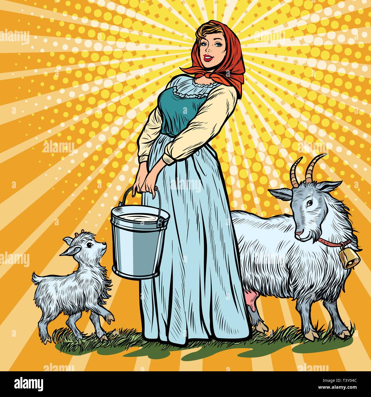 Una mujer de la aldea con el cucharón de leche de cabras. Pop art ilustración vector vintage retro kitsch 50s 60s Ilustración del Vector