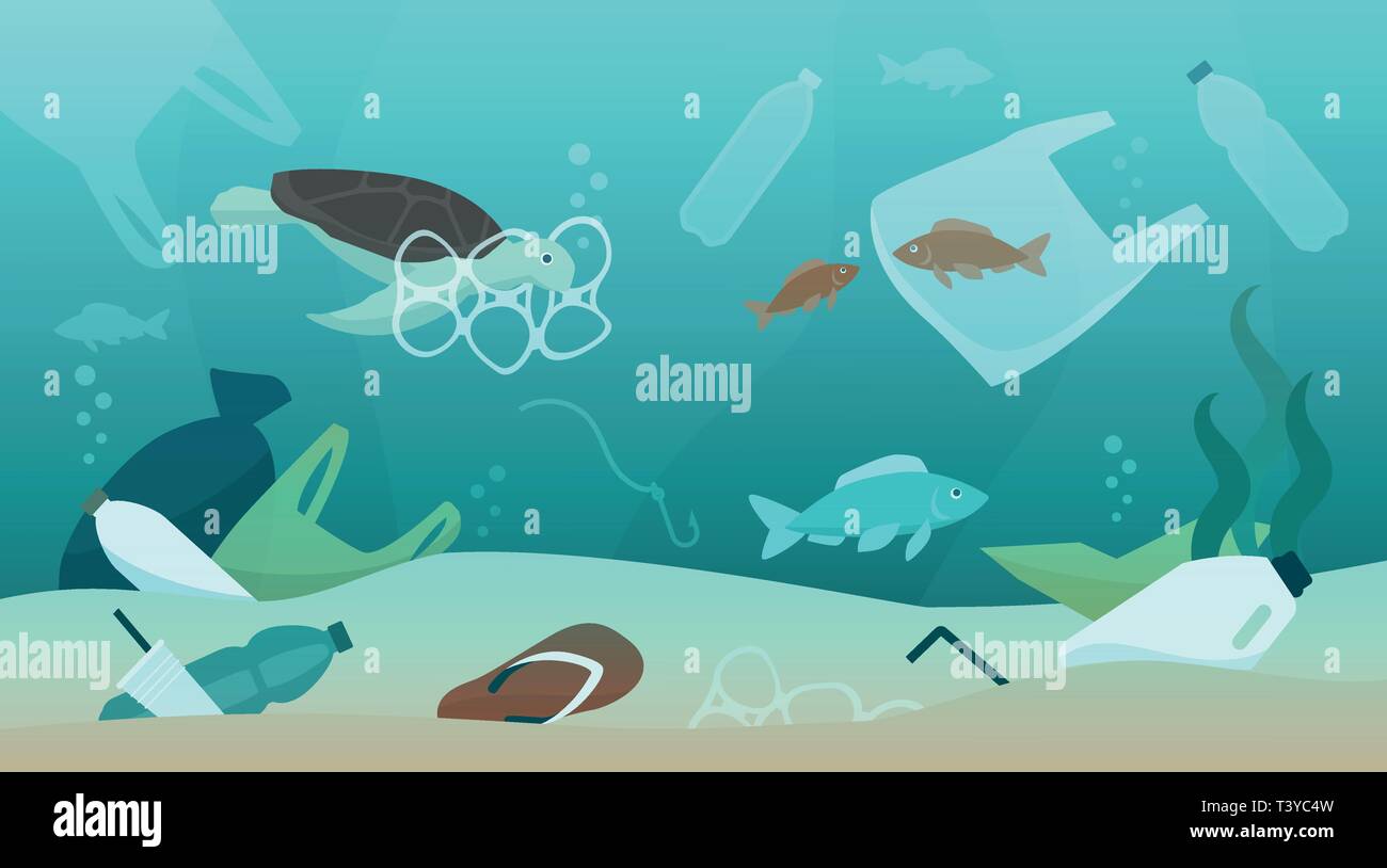 La contaminación de los océanos impacto sobre el ecosistema y la fauna silvestre, la sostenibilidad y la protección del medio ambiente concepto Ilustración del Vector