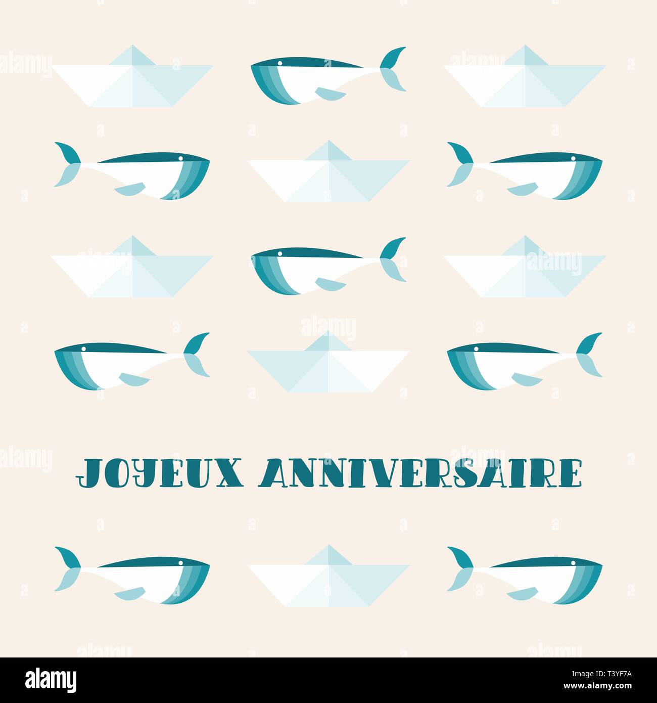 Tarjeta De Felicitacion Cute Ballenas Y Barcos De Papel Texto En Frances Joyeux Anniversaire En Ingles Feliz Cumpleanos Imagen Vector De Stock Alamy