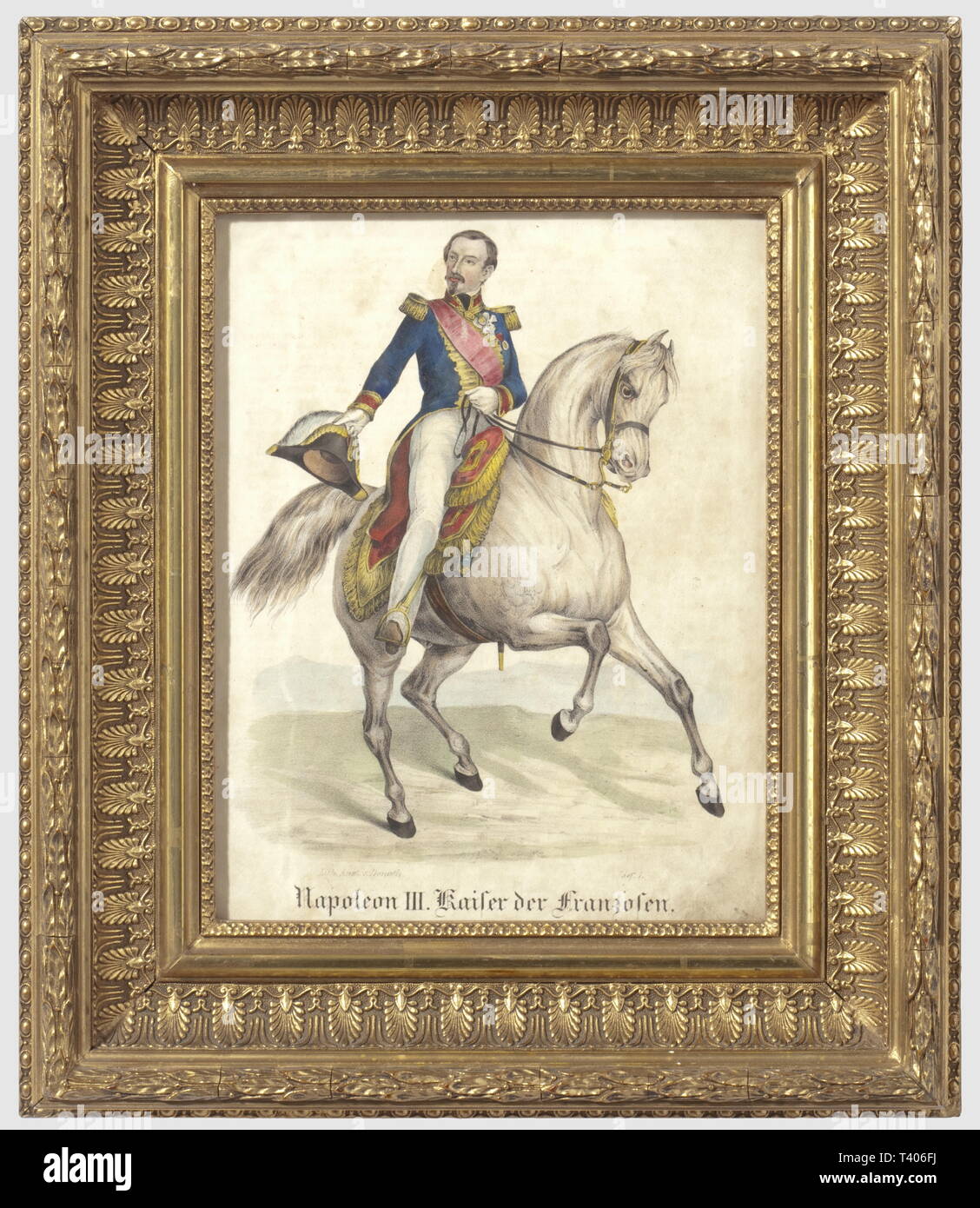 SECONDE REPUBLIQUE ET Segundo Imperio, 1848-1870 Lithographie en couleur,  représentant l'Empereur Napoléon III à cheval, Sujet allemand, signé du  graveur 'Lith. Anst. v. Donath.' (en bas à gauche, 'Lief. 1." à droite),
