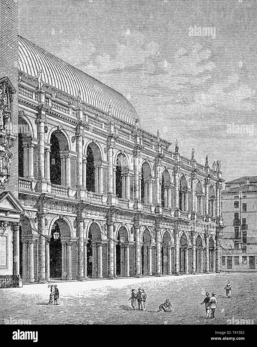 La Basilica Palladiana o Palazzo della Ragione es un edificio renacentista en el centro de la ciudad italiana de Vicenza, diseñado por el arquitecto Andrea Palladio en el siglo XV rodeado por un espectacular pórtico de mármol blanco. Foto de stock