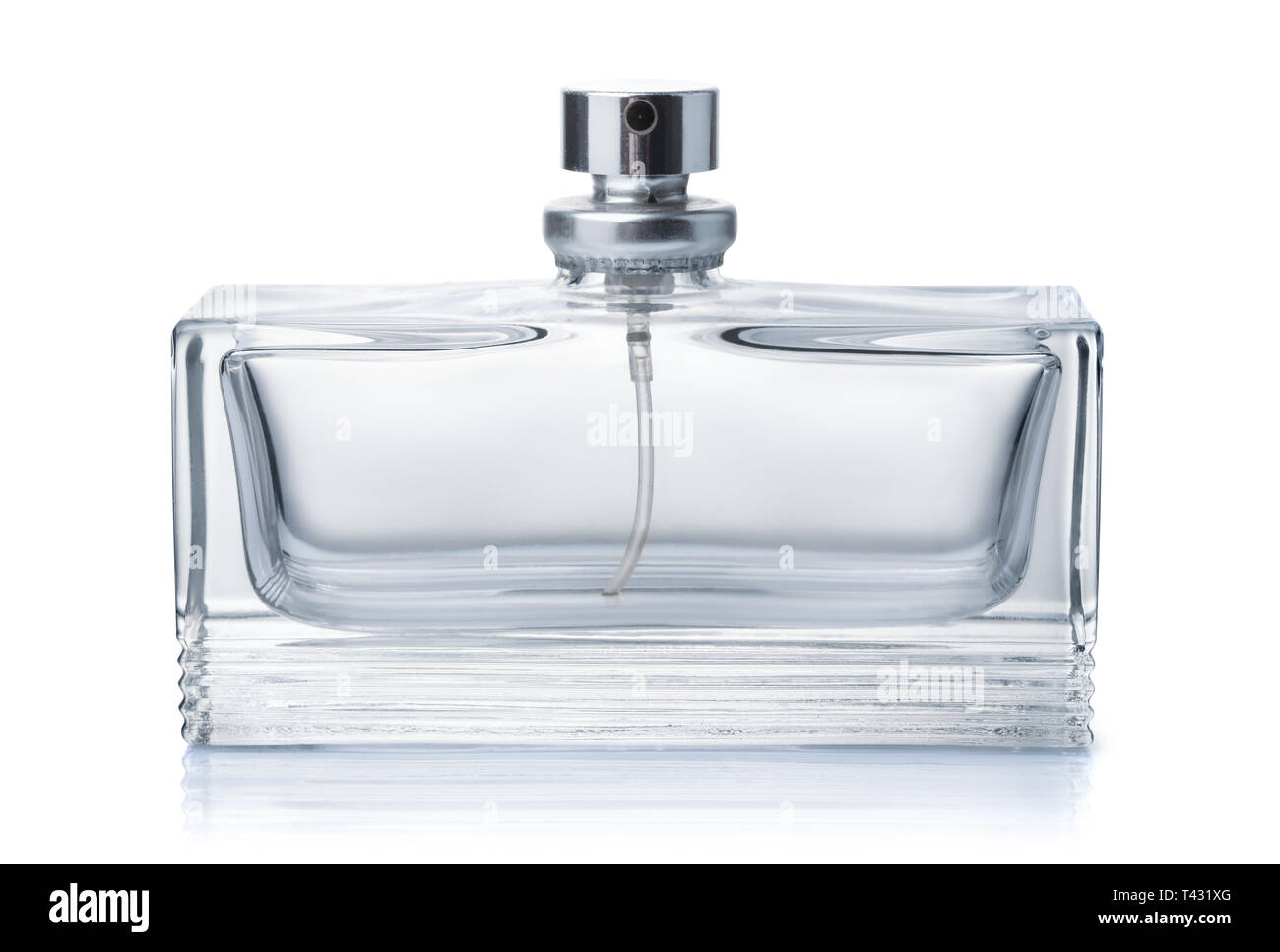 Vista frontal de e mpty frasco de perfume aislado en blanco Foto de stock