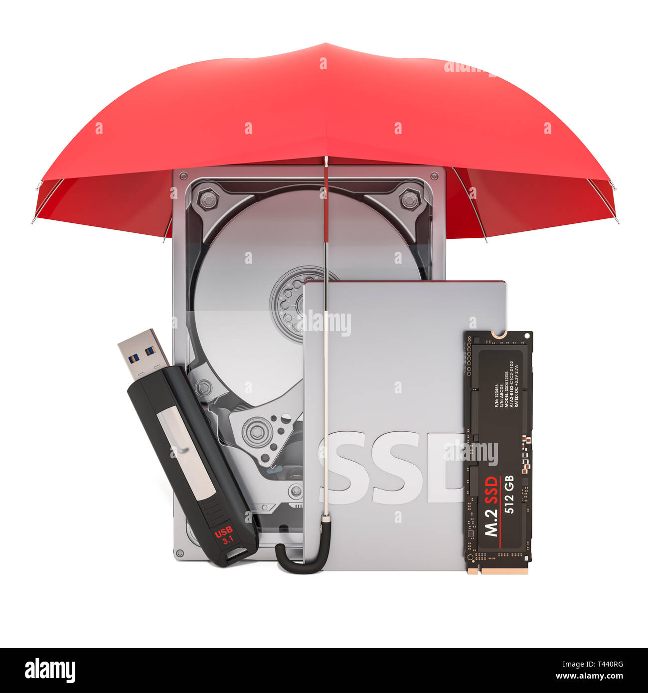 Disco duro, unidad de estado sólido SSD, M2 y SSD Flash Drive USB bajo el  paraguas del concepto de protección. 3D rendering Fotografía de stock -  Alamy