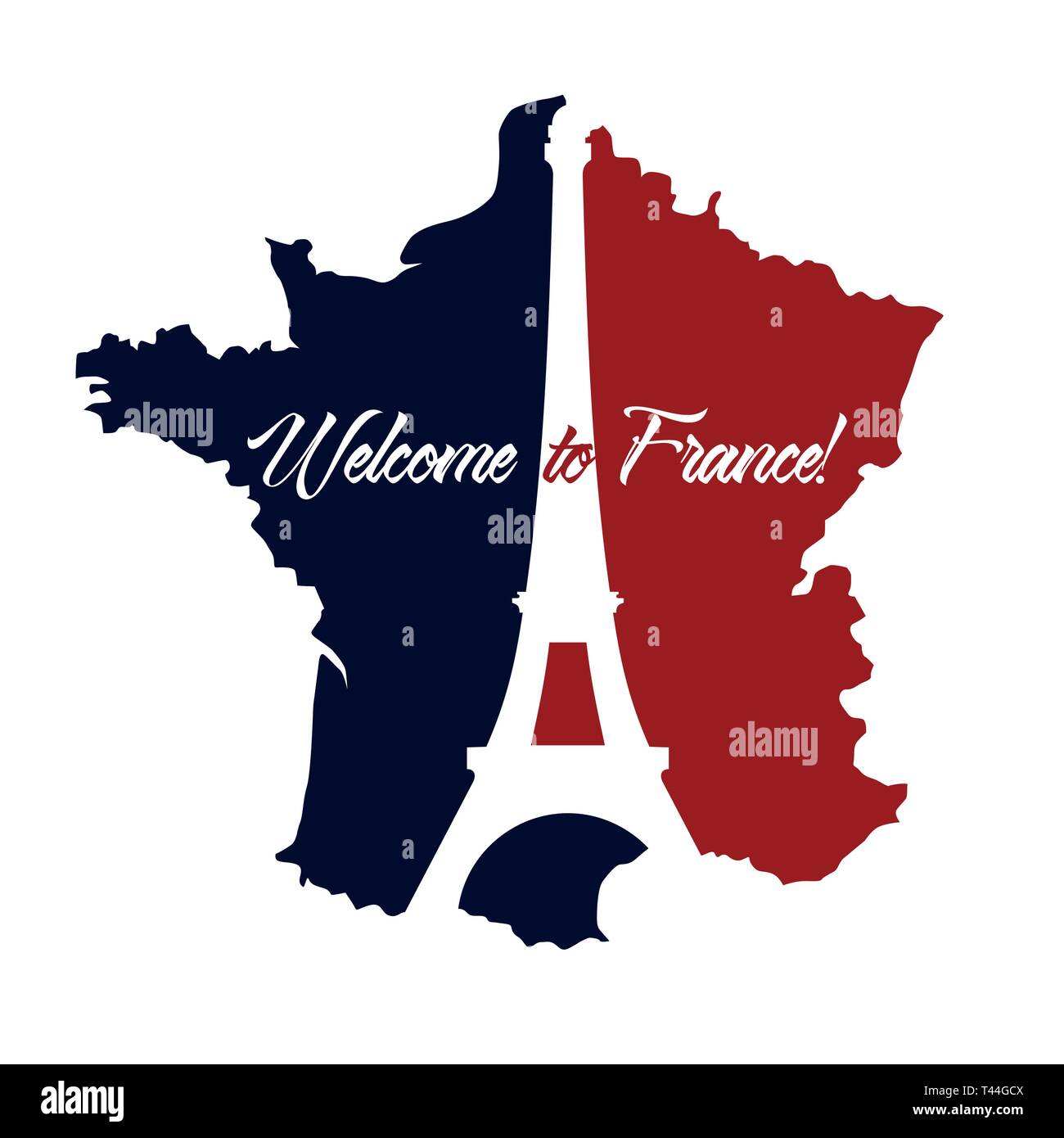 Cartel De Bienvenida A Francia Francia Mapa Pintado Con Los Colores De La Bandera Con La Silueta De La Torre Eiffel Imagen Vector De Stock Alamy