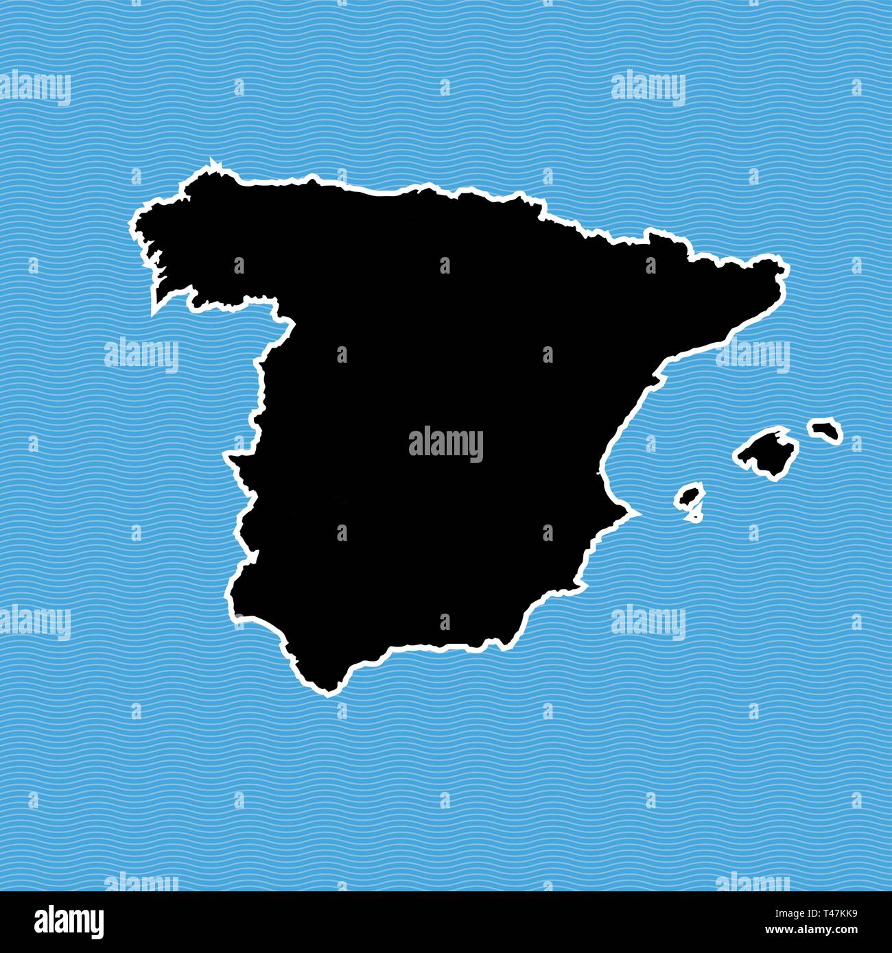 Mapa de España como isla. Mapa separados en onda azul de fondo de agua. Ilustración del Vector