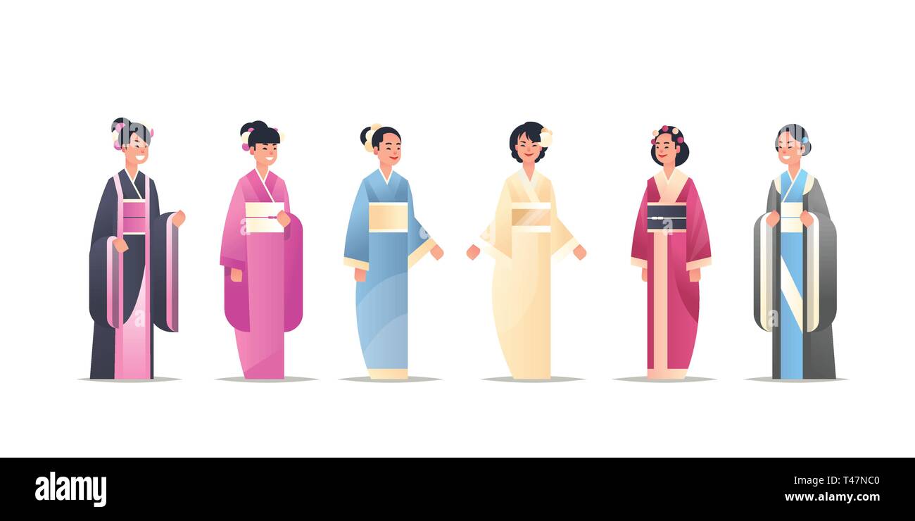 Establecer asian girls vistiendo trajes tradicionales de las mujeres en vestidos antiguos nacionales plantean permanente chino o japonés completa colección de personajes femeninos Ilustración del Vector