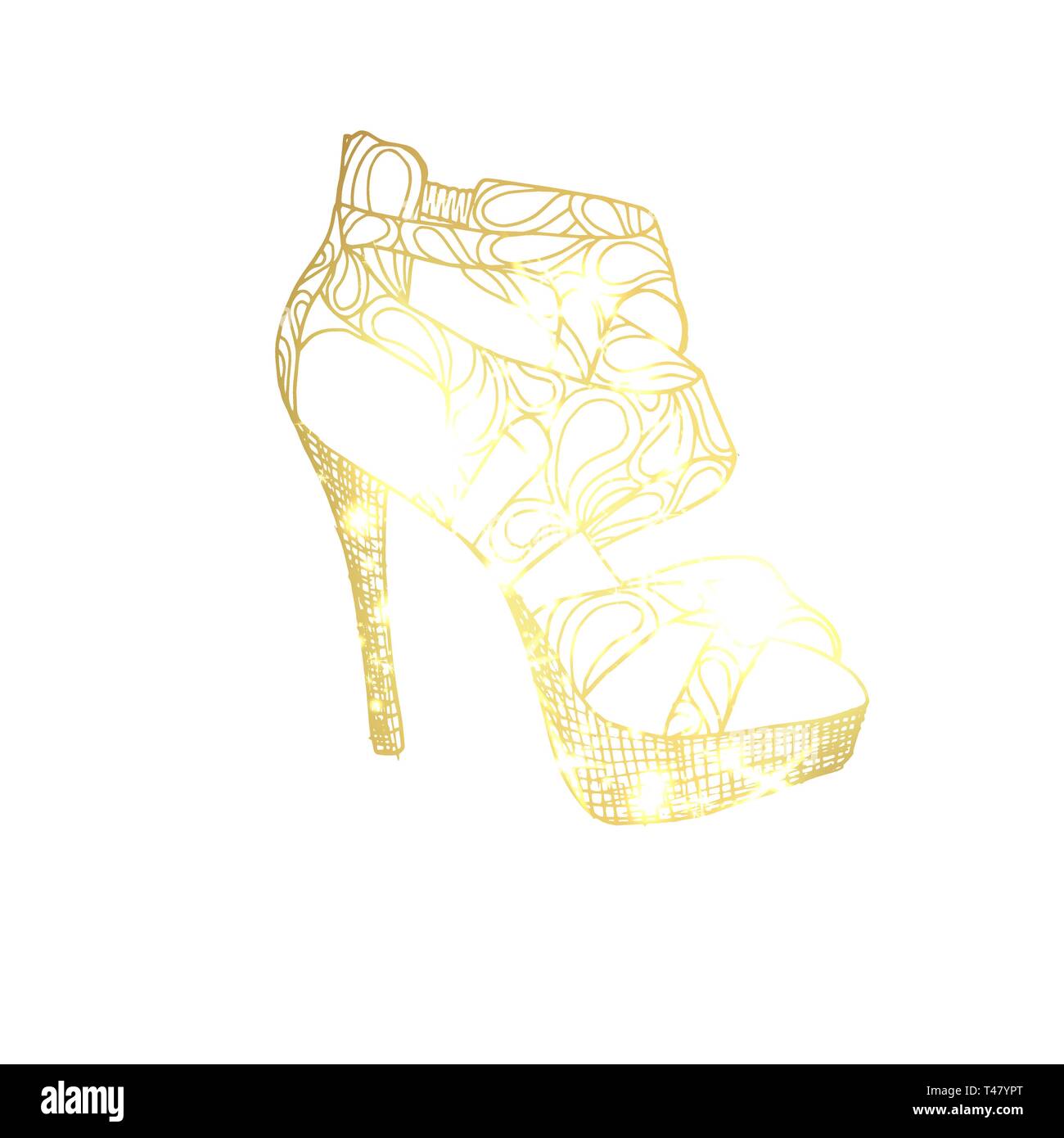 Zapatos de Tacón de oro dibujadas a mano ilustración vectorial. Zapato de  mujer boceto abstracto. Esquema del gradiente de calzado femenino. Golden  Clipart dibujó tacones altos. Diseño de moda elemento aislado Imagen