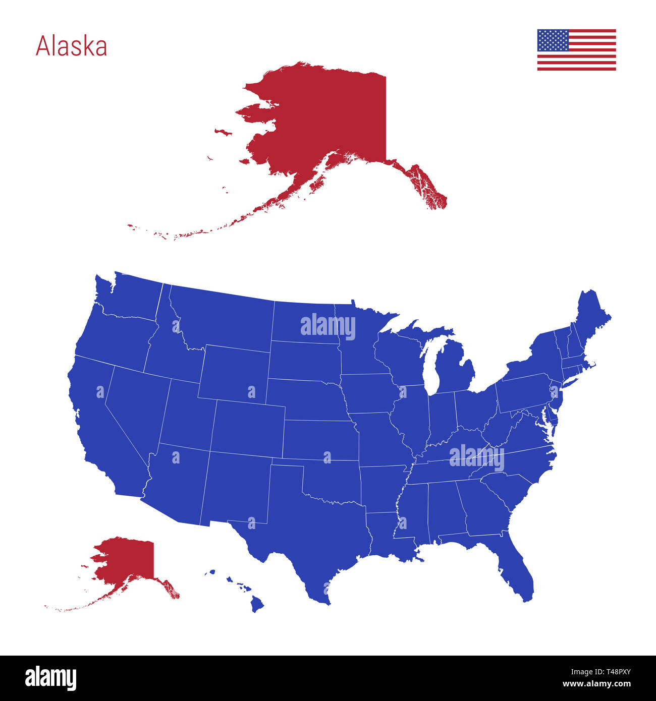 El Estado de Alaska está resaltada en rojo. Mapa azul de los Estados Unidos divide en estados