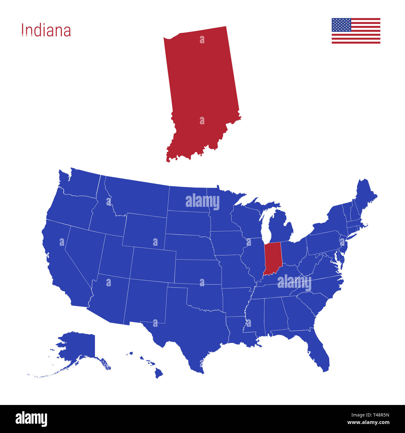 El estado de Indiana está resaltada en rojo. Mapa azul de los Estados