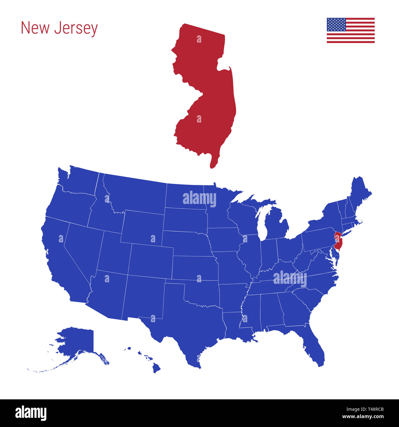 El Estado de Nueva Jersey está resaltada en rojo. Mapa azul de los Estados  Unidos divide en estados separados. Mapa de los EE.UU. Dividido en Estados  individuales Fotografía de stock - Alamy