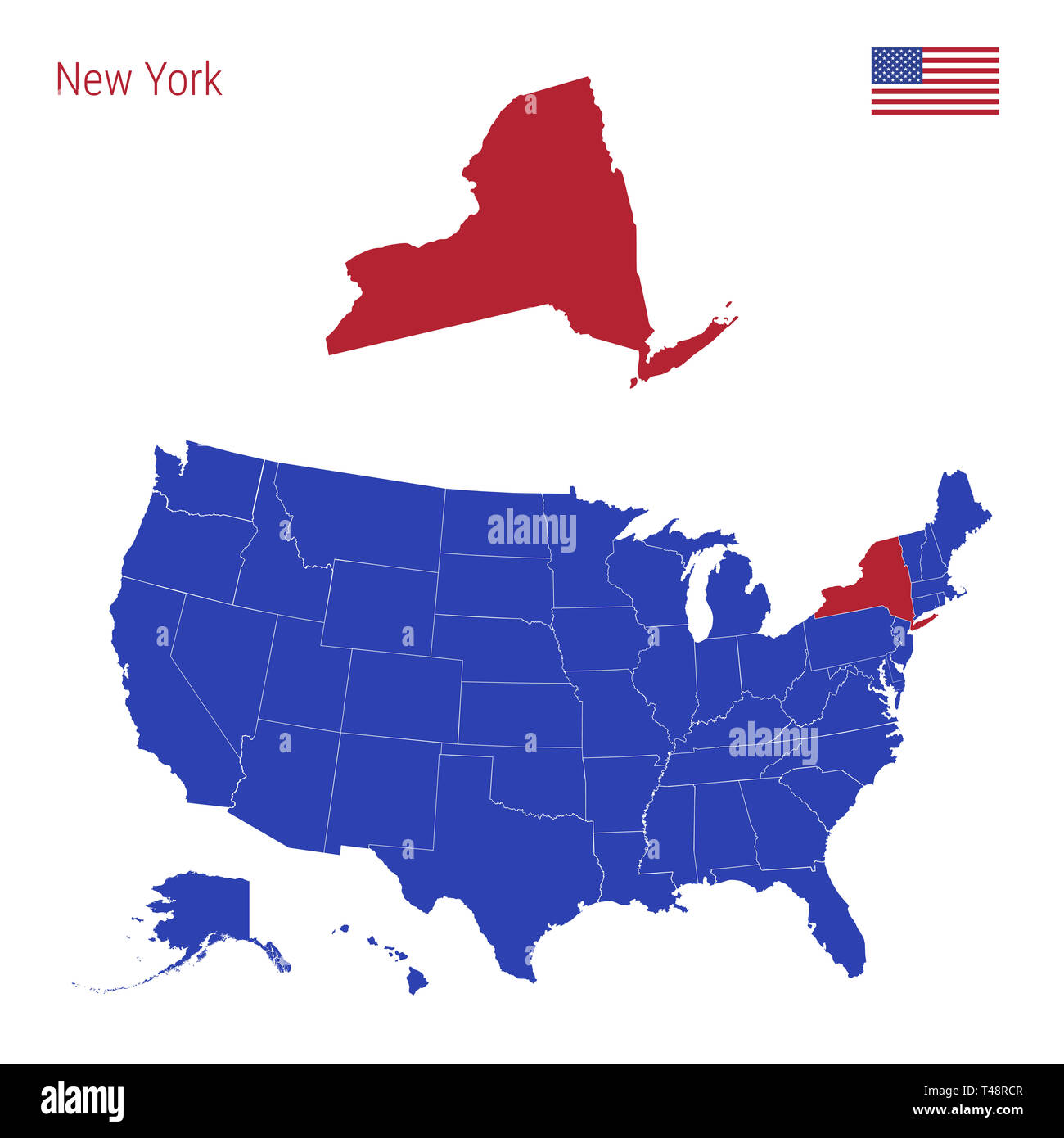 El Estado de Nueva York está resaltada en rojo. Mapa azul de los