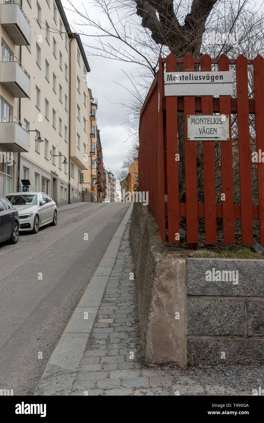 03.26.2019 Editorial Stockholm, Suecia. Señal de carretera a uno de los miradores populares en la ciudad Foto de stock