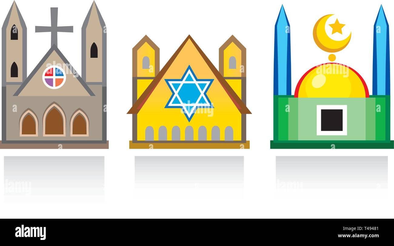 Iglesia Catedral, Sinagoga, mezquita islámica. Templos Religiosos, estructuras arquitectónicas. Ilustración del Vector