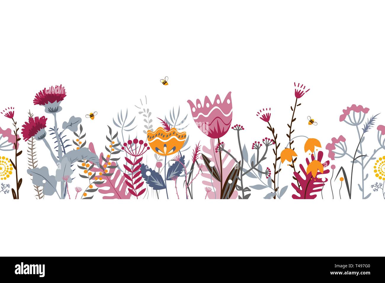 Naturaleza vectorial de fondo sin fisuras dibujadas a mano con hierbas silvestres, flores y hojas en blanco. Doodle estilo ilustración floral Ilustración del Vector