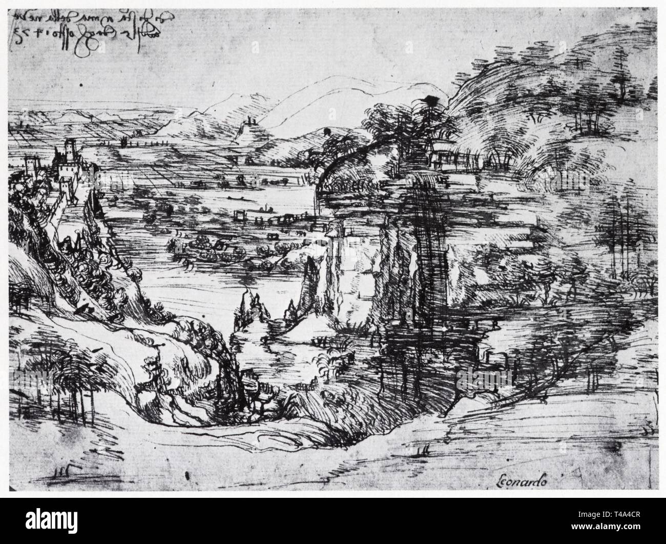 LEONARDO DA VINCI. LA VALLÉE DE L'ARNO. DESSIN PANORAMIQUE. 5 AOÛT 1473. Foto de stock