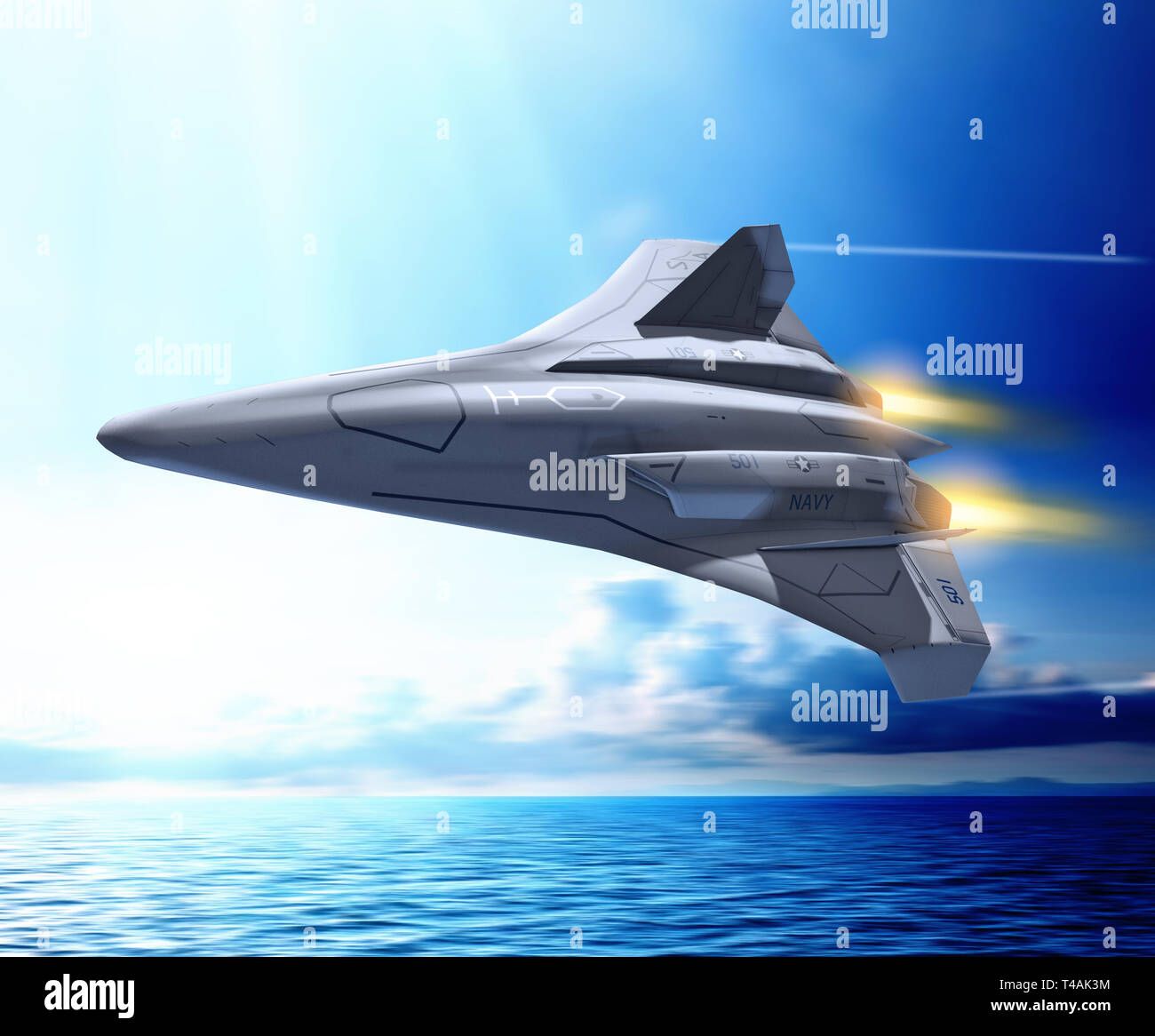 Concepto futurista de un vehículo de combate aéreo de combate no tripulado, UCAV, en operación por la marina de los Estados Unidos, volando a toda velocidad hacia el océano, 3D Render Foto de stock