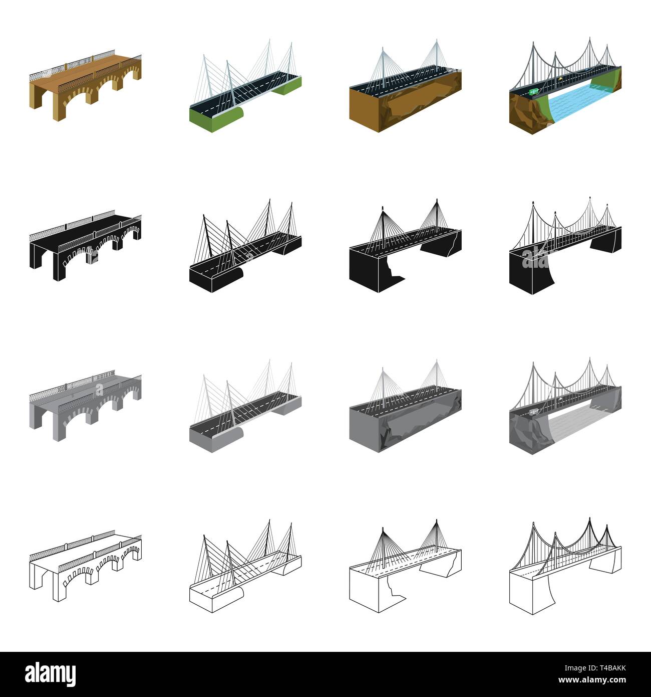 Puente, traslado,construcción,montado,rock,prop,cable,moderno,concreta,columna,suspendido,long,ladrillo,río,montado,autobahn,viejo,costa,metal,arco,showplace,transporte,campo,bicicleta,histórica,conexión stream,diseño,construir,lado,bridgework,arquitectura,histórica,estructura,cruzando,vista,establecida,vector,icono,ilustración,aislado,collection, elemento gráfico,,signo vectores vectorial , Ilustración del Vector