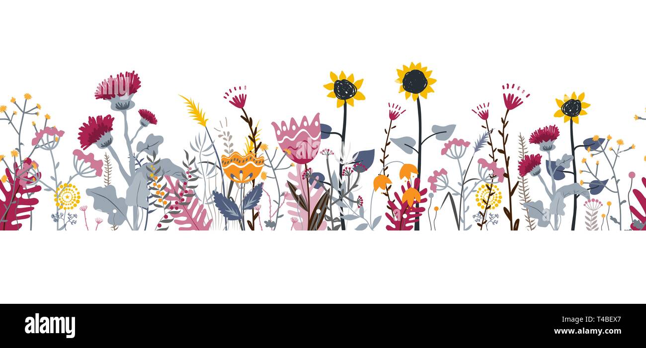 Naturaleza vectorial de fondo sin fisuras dibujadas a mano con hierbas silvestres, flores y hojas en blanco. Doodle estilo ilustración floral Ilustración del Vector