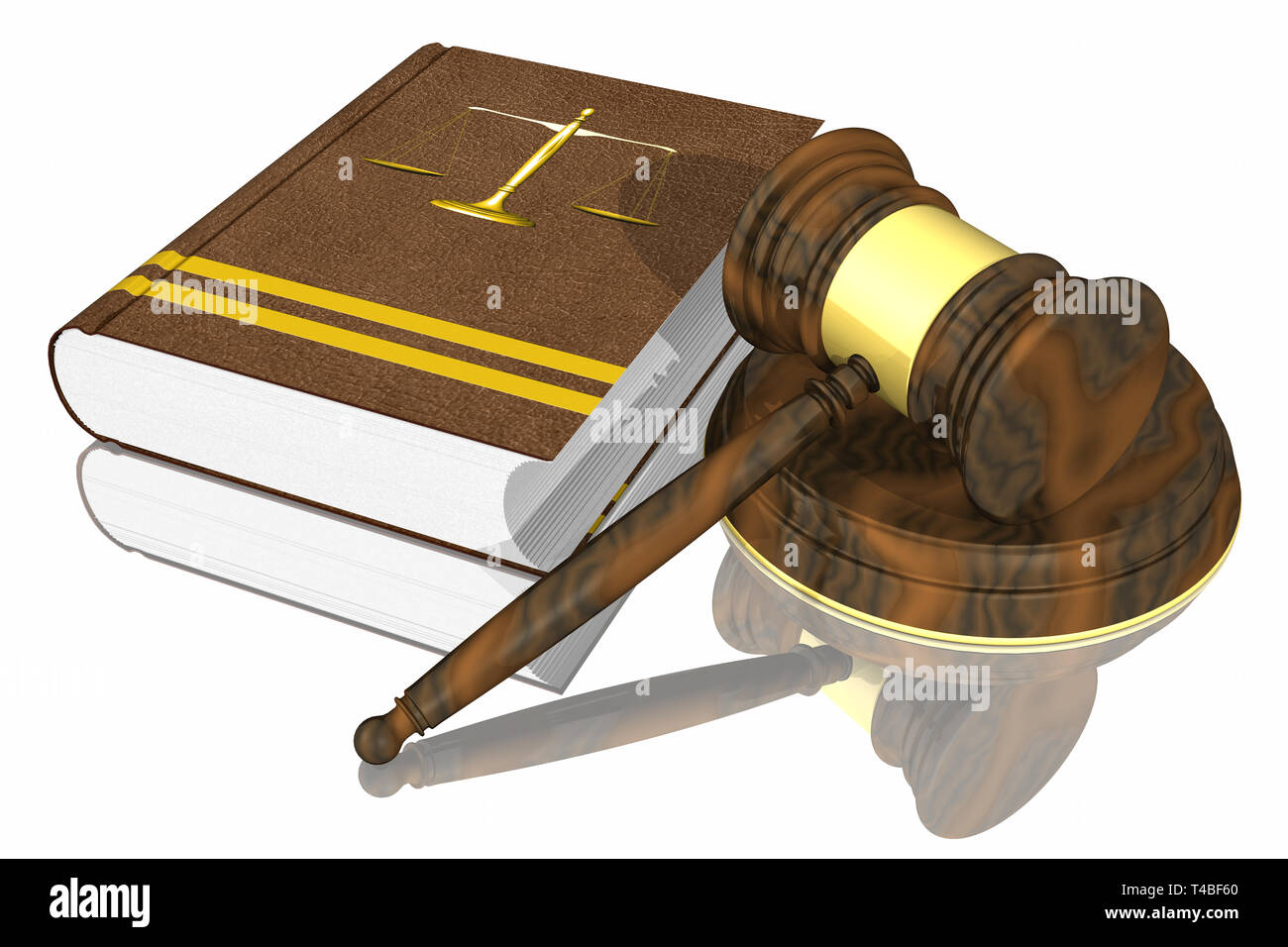 Ilustración 3D. Símbolos de la ley y la justicia, apoyado sobre un plano reflectante. Foto de stock
