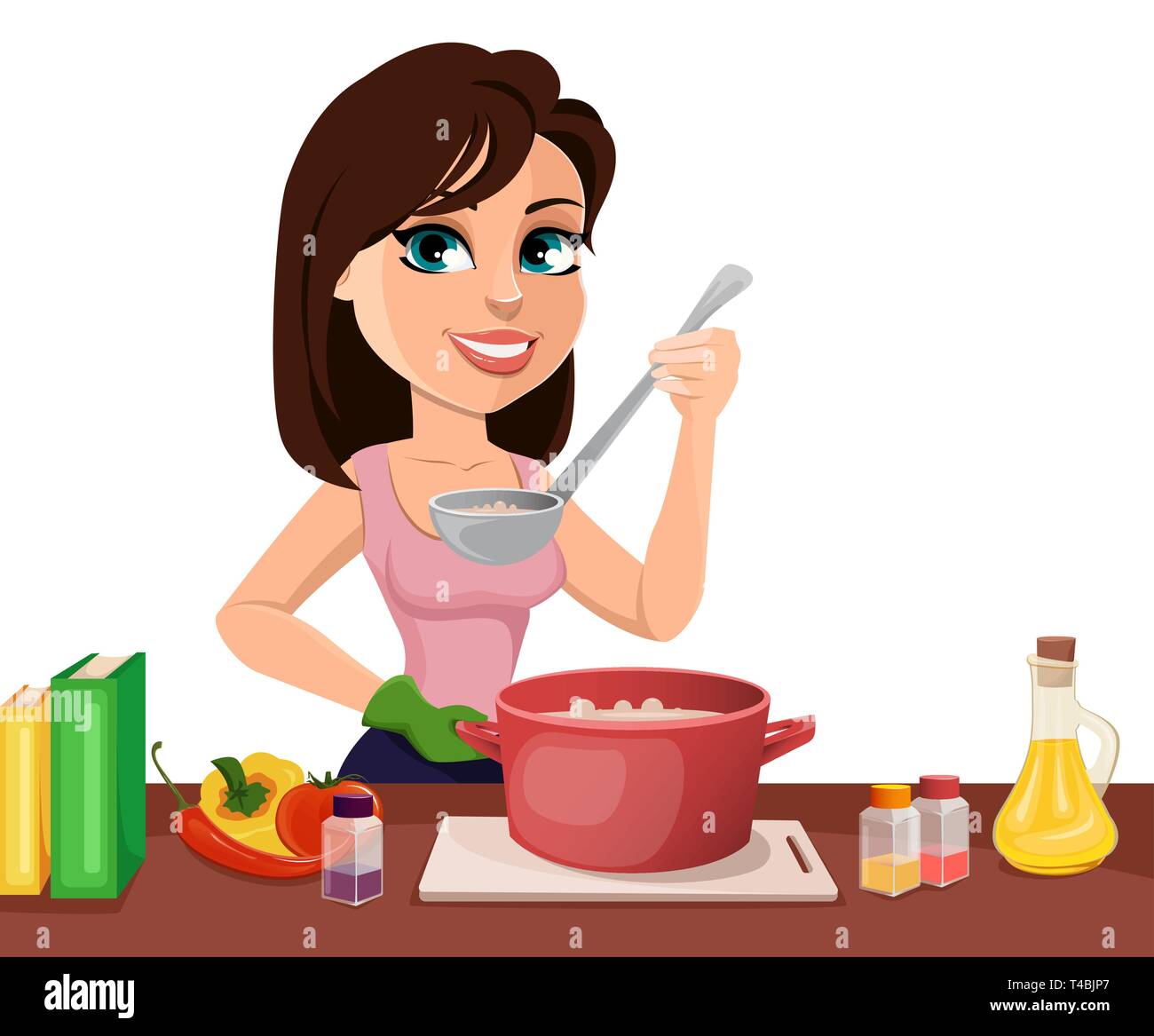Bella mujer cocinando en su cocina. Cute lady personaje de dibujos animados  de preparar alimentos. Ilustración vectorial sobre fondo blanco Imagen  Vector de stock - Alamy