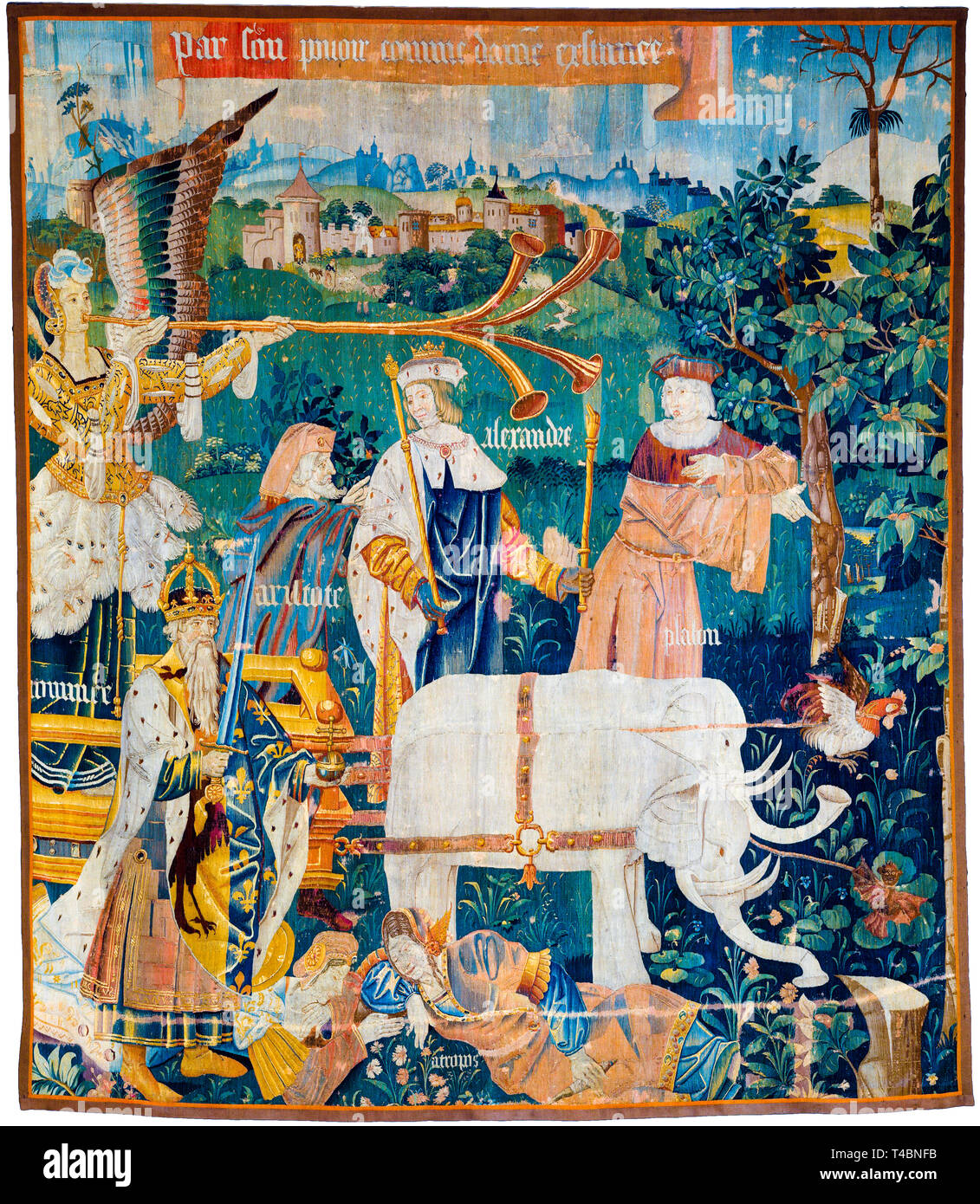 Tapiz con Alejandro Magno, Platón, Aristóteles, Carlomagno, el triunfo de la Fama sobre la muerte, c. 1500 Foto de stock