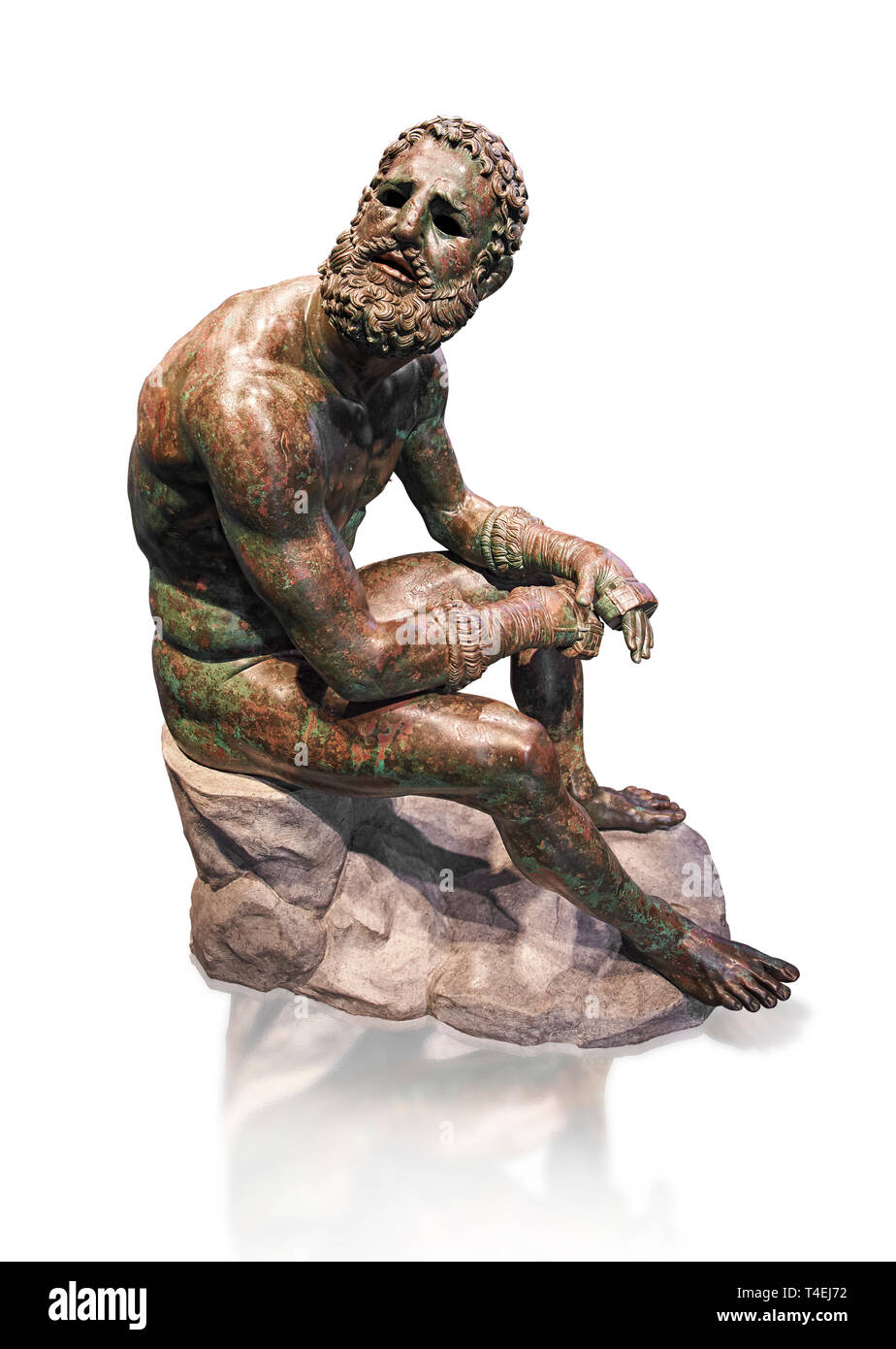 Raro griego original estatua de bronce de un atleta después de un combate  de boxeo, un 1% BC. El atleta, sentado sobre una roca, está descansando  después de un combate de boxeo