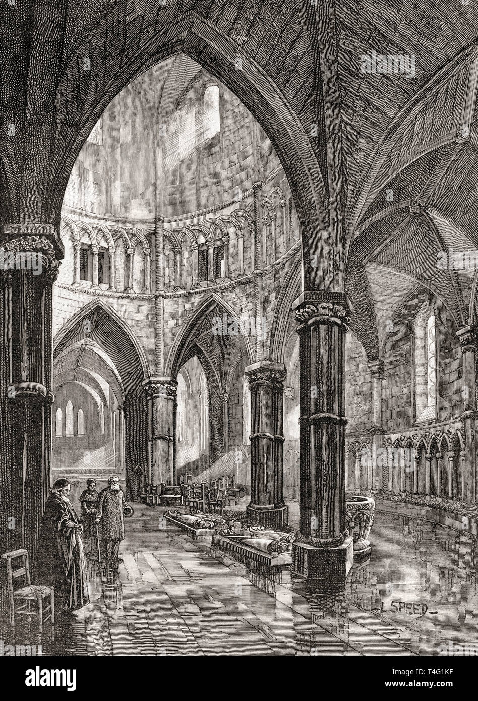 El interior de la iglesia del Temple, Londres, Inglaterra, visto aquí en el siglo XIX. Imágenes de Londres, publicado 1890 Foto de stock