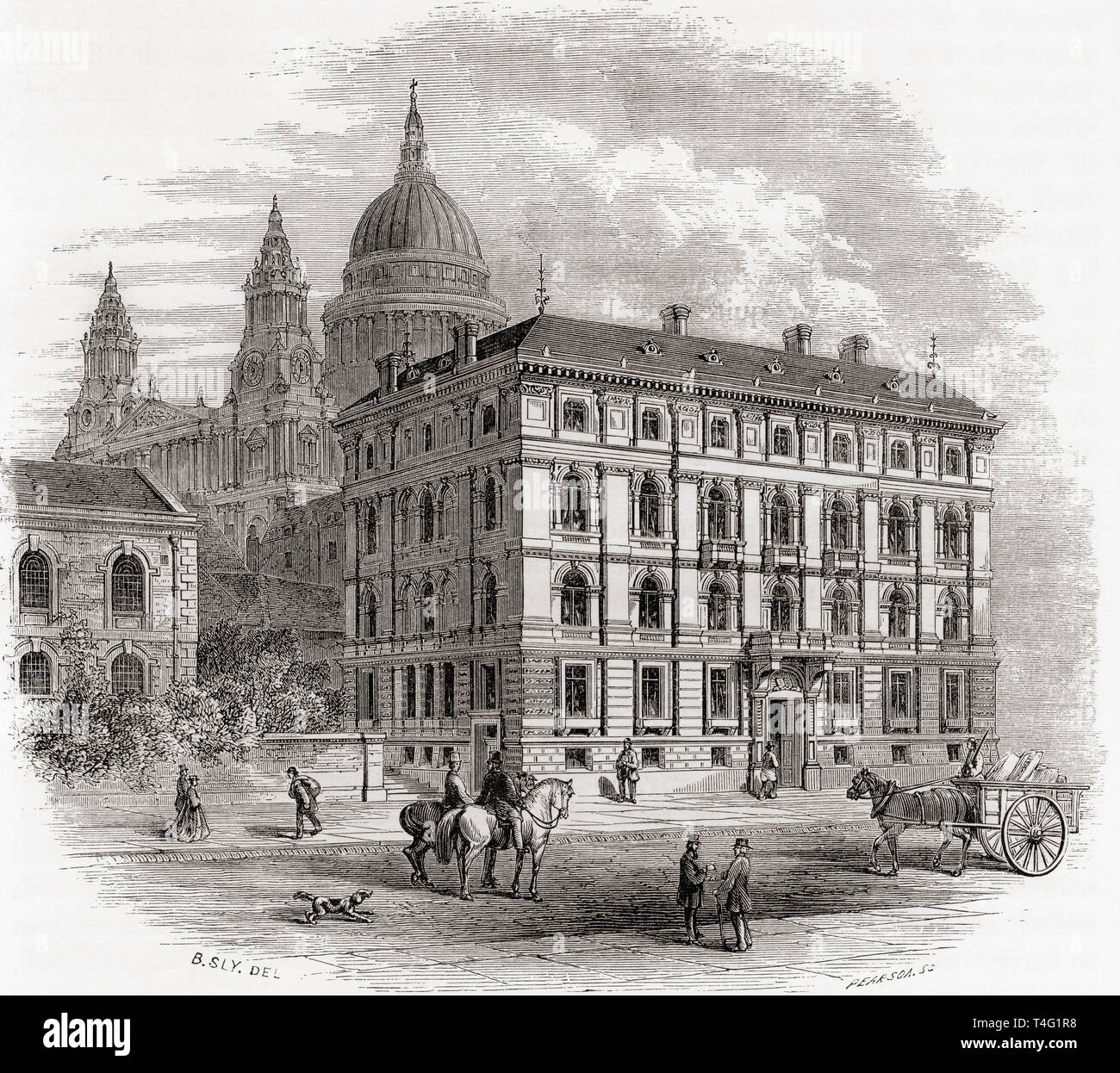 Las oficinas de la Sociedad Bíblica Británica y Extranjera, Queen Victoria Street, Londres, Inglaterra, visto aquí en el siglo XIX. Imágenes de Londres, publicado 1890 Foto de stock