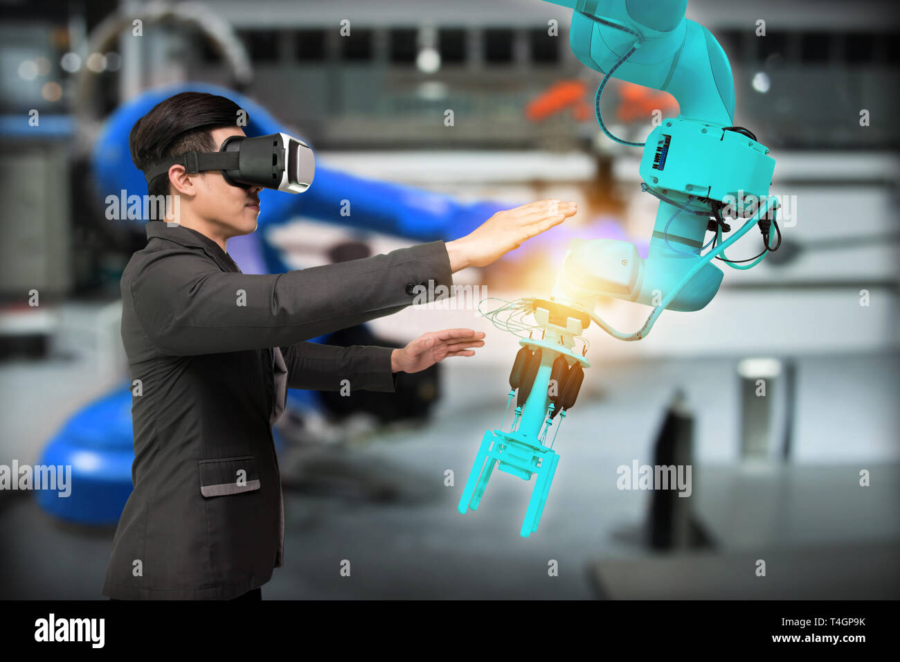 La tecnología de la realidad virtual en la industria 4.0. Traje de hombre  de negocios vistiendo