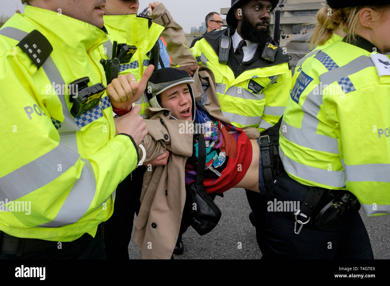 Los activistas ambientales de la Rebelión de extinción ocupan el Puente Waterloo, Londres: Los oficiales de la Policía Metropolitana arrestan a un manifestante masculino. Foto de stock