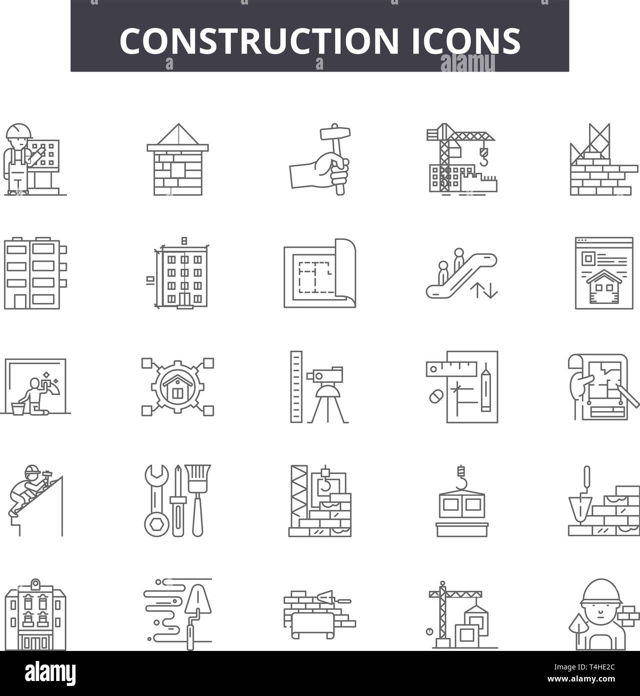 Línea de construcción de iconos, signos, vector. Ilustración del concepto de esquema de construcción: construcción,grúa,trabajador,ingeniero,casco Ilustración del Vector