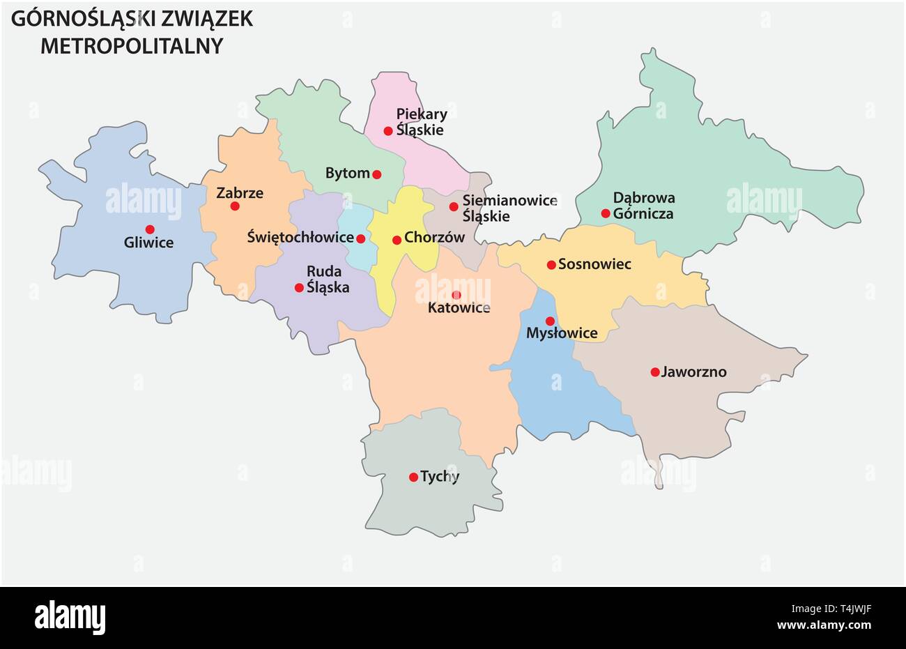 Mapa de la Asociación Metropolitana de Alta Silesia y la Cuenca Dabrowa en Polonia Ilustración del Vector