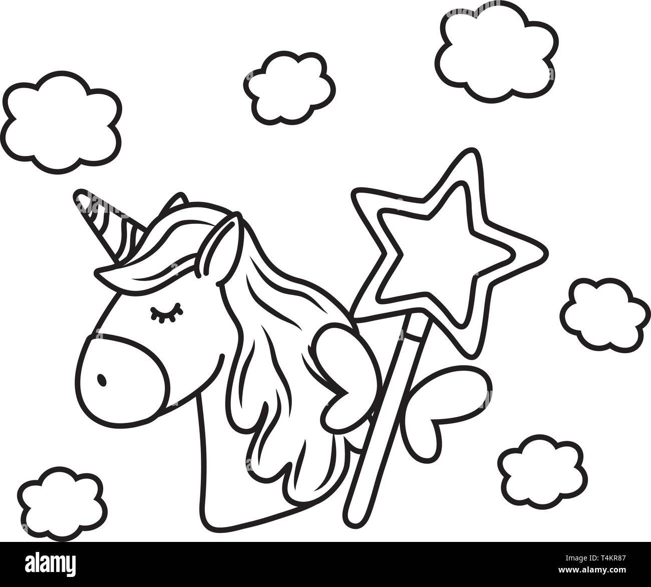 Unicornio Y Varita Magica Caricatura En Blanco Y Negro Ilustracion