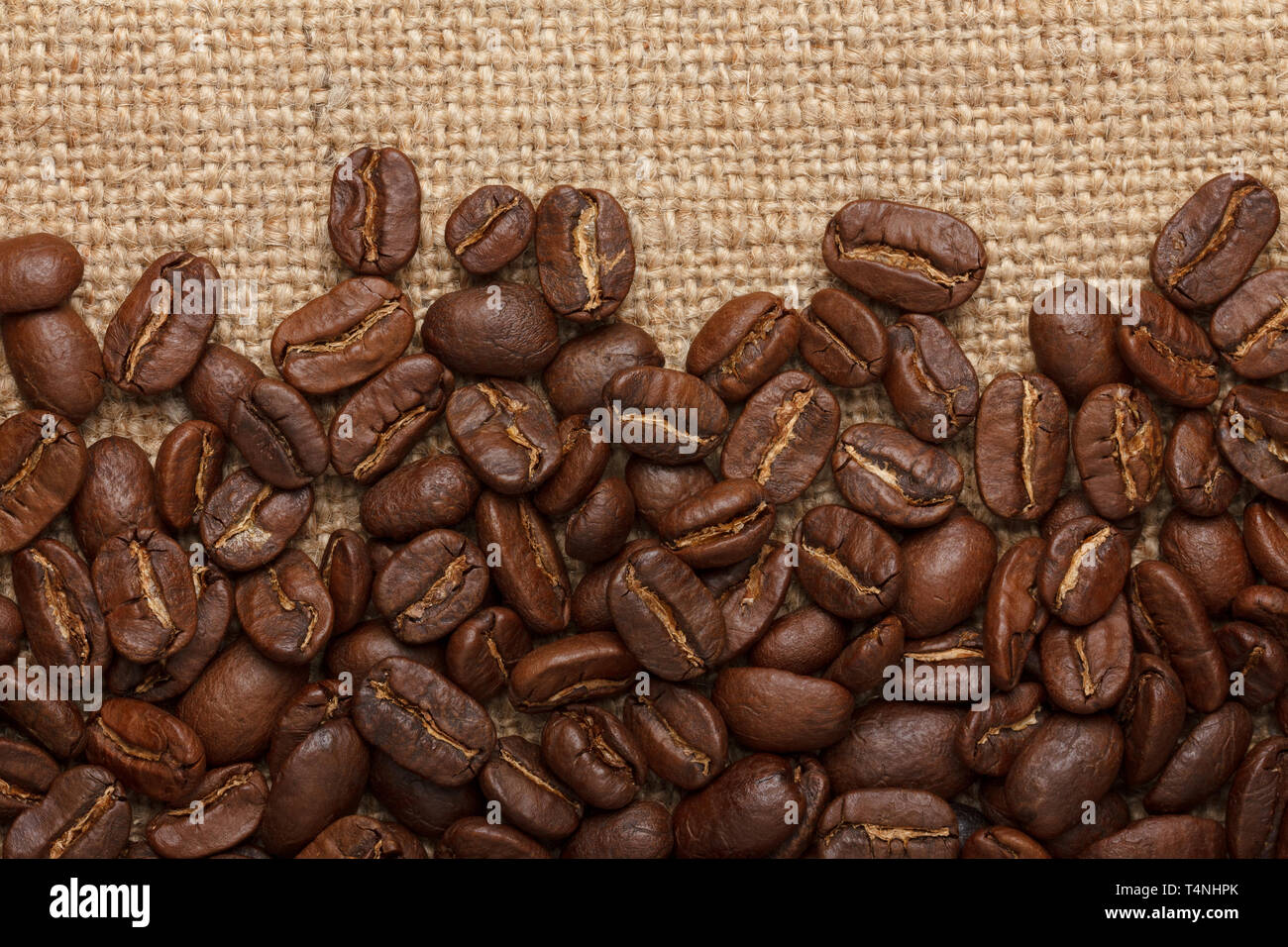 Los granos de café en el fondo de saco Foto de stock