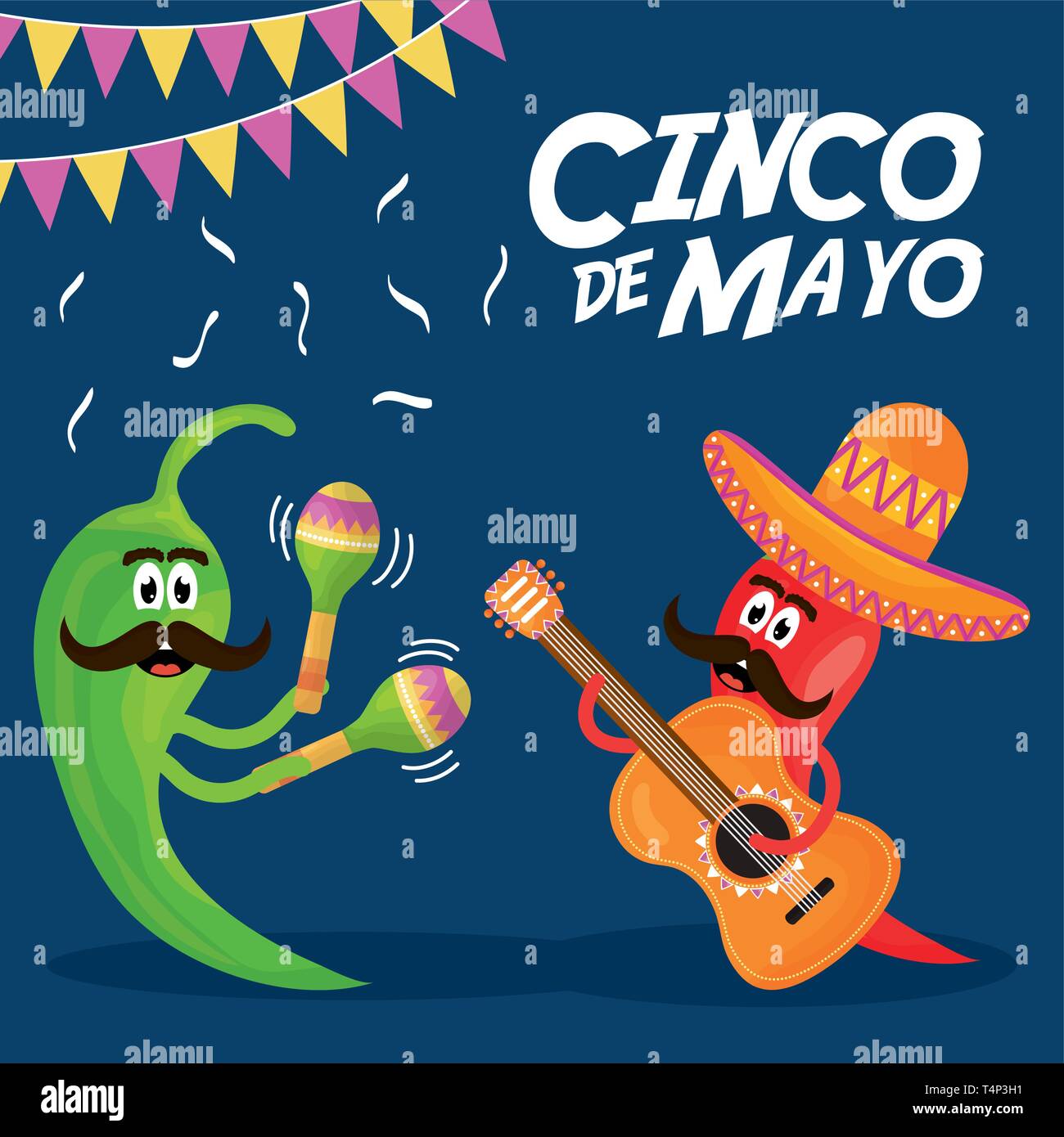 El cinco de mayo chilis personajes tocando instrumentos diseño